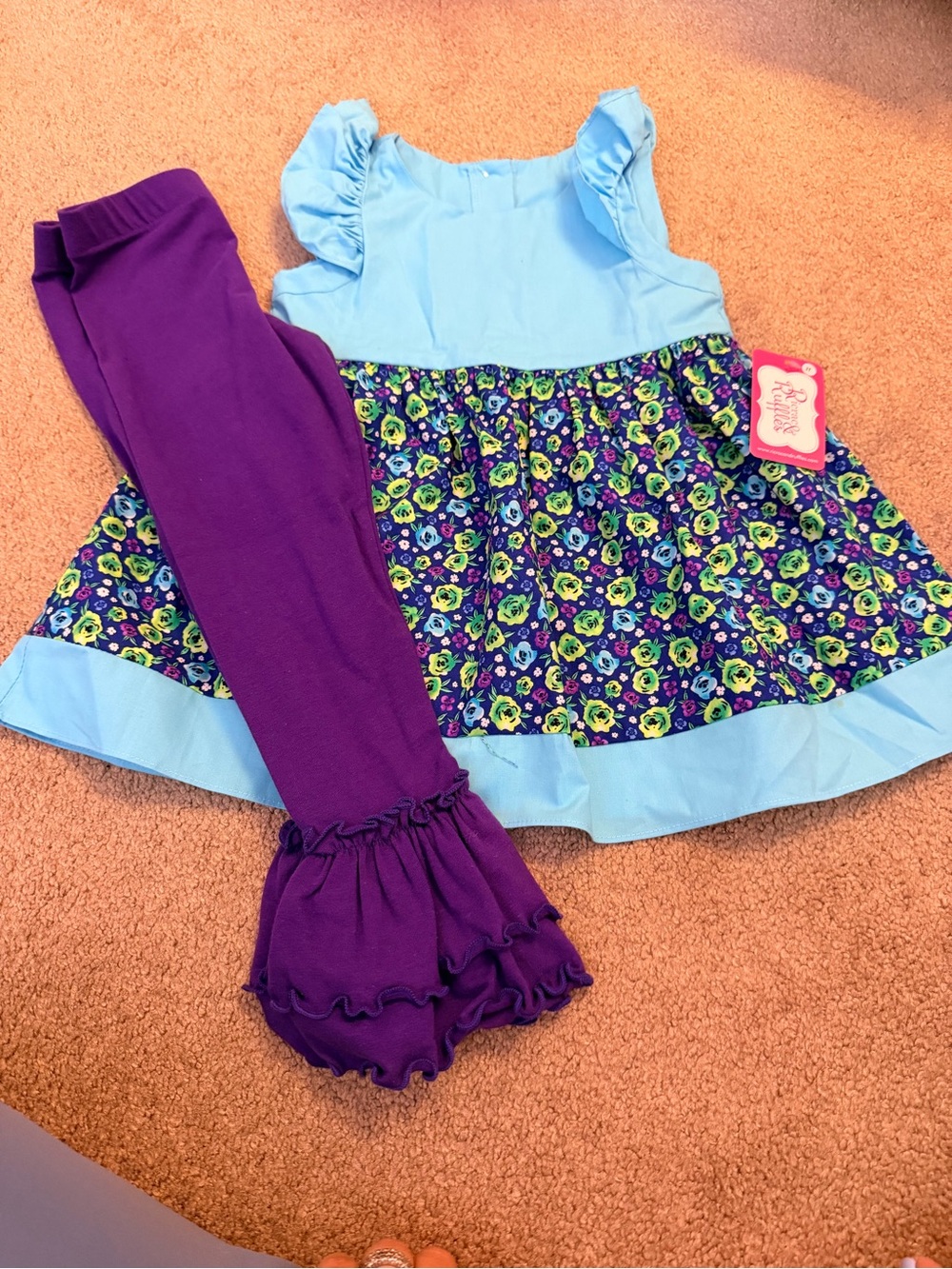 Ricrac and Ruffles Girls Blue & Purple Floral Dress with Purple Ruffle Leggings